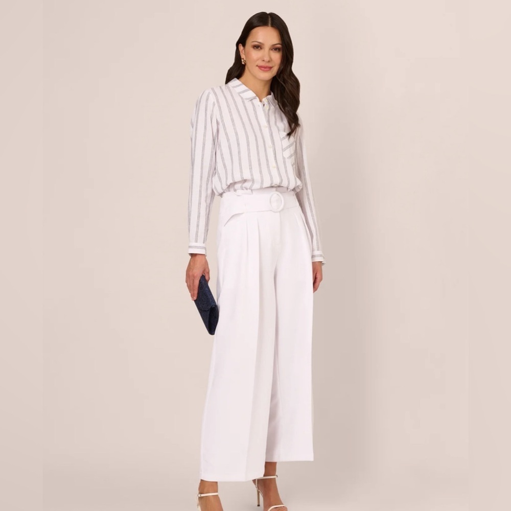 ADRIANNA PAPELL Button Down Linen Long Sleeve In white and grey stripes Top - Picture 3 of 13